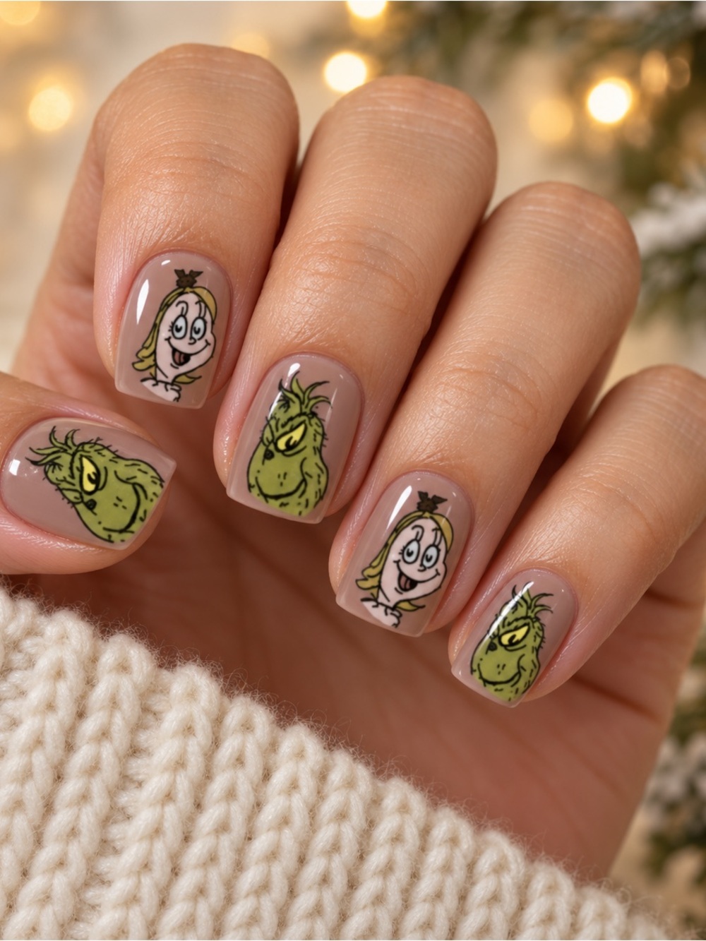 Grinch & Cindy Lou Christmas Press-On Nails Square Nude Holiday Set AC104